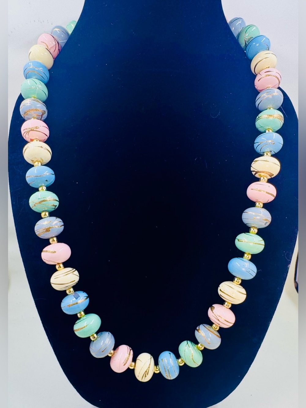 Vintage Pastel Multicolor Beaded Necklace With Silver & Gold Accents. 28”
